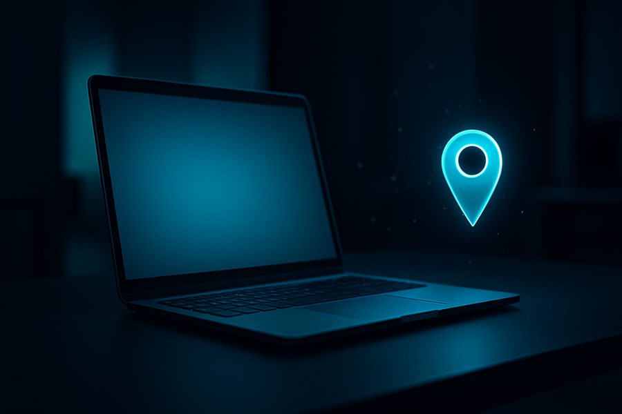A laptop glowing in the dark beside a map location pin, representing local search